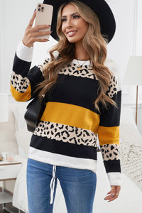 Crewneck Leopard Color Block Knit Pullover Sweater