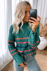 Green Striped Color Block Textured Knit Pullover Sweater