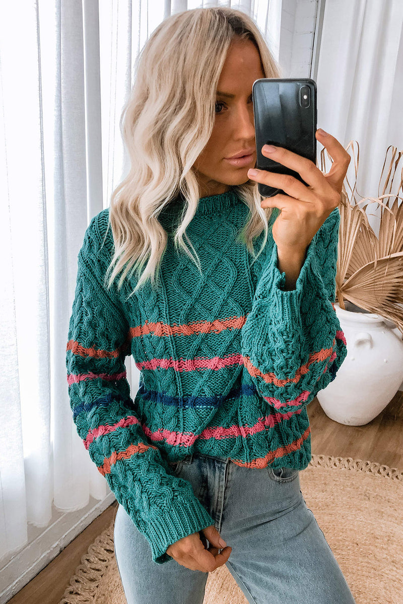 Green Striped Color Block Textured Knit Pullover Sweater