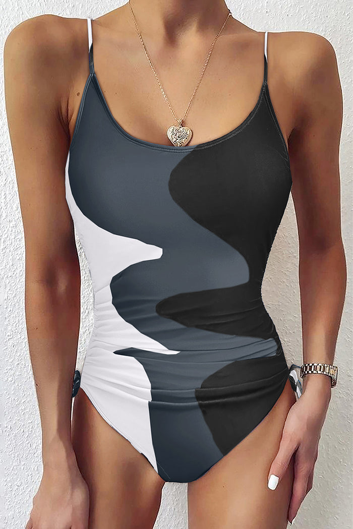 Black Printed Color Block Drawstring Sides One Piece Swimsuit