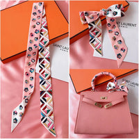 2024 Spring Border New Geometric Diamond Small Flowers Women's Decorative Small Silk Scarf Bundle Bag Handle Ribbon Small Scarf