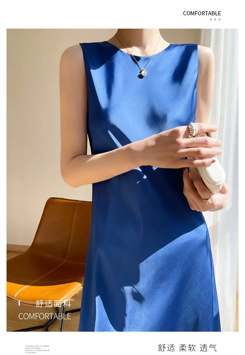 2024 Summer Robe long maxi Sundress Fashion Elegant Women's Acetate satin Dresses Sexy artificial silk Sleeveless Party Dress