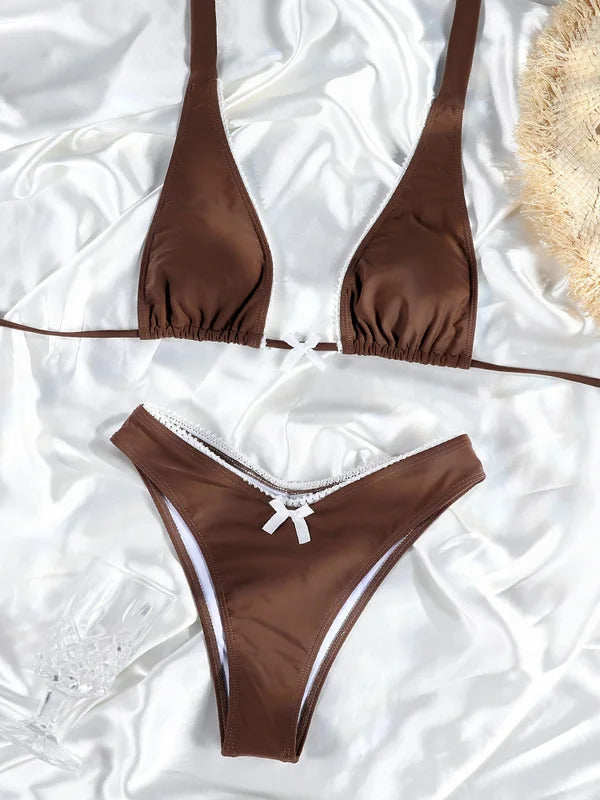 Brown Color Bikinis Bow Swimwear Women'S Summer Swimsuit 2024 Sexy Bikini Set Low Waist Beachwear Push Up Bathing Suits