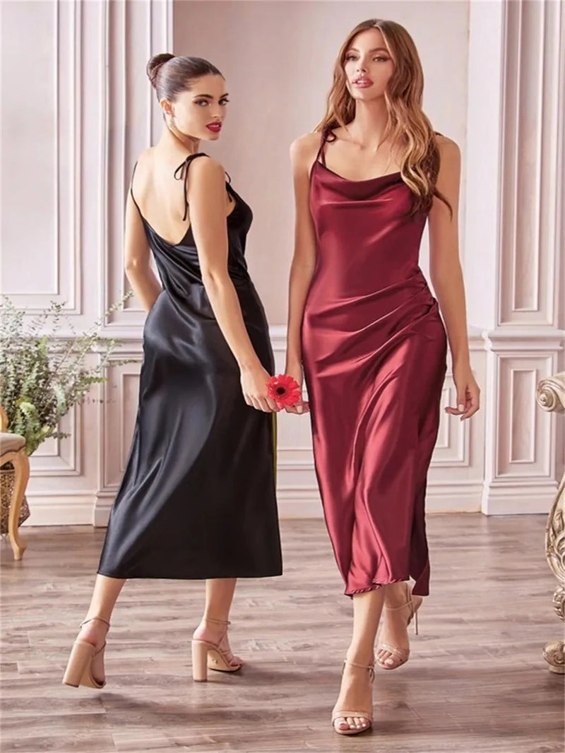 Burgundy Satin Beach Maxi Women Dress for Christmas Sexy Side Slit Adjustable Straps Evening Prom Dress Cheap Bridesmaid Dresses