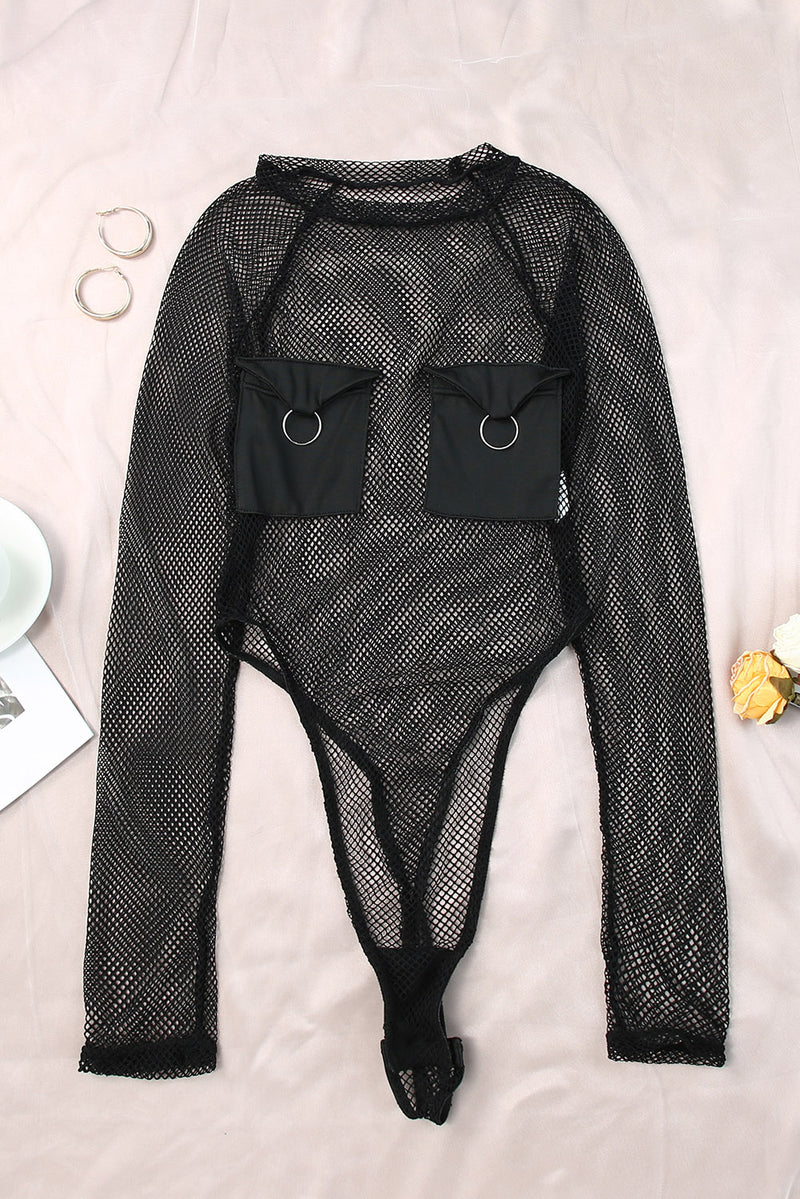 Black Fishnet Pocketed Long Sleeve High Cut Bodysuit