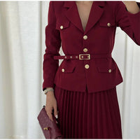 Elegant Women's Two Pieces Set Single-breasted Lapel Large Size Coat Belt Pleated Midi Skirt Suit 2025 Lady New In Matching Sets