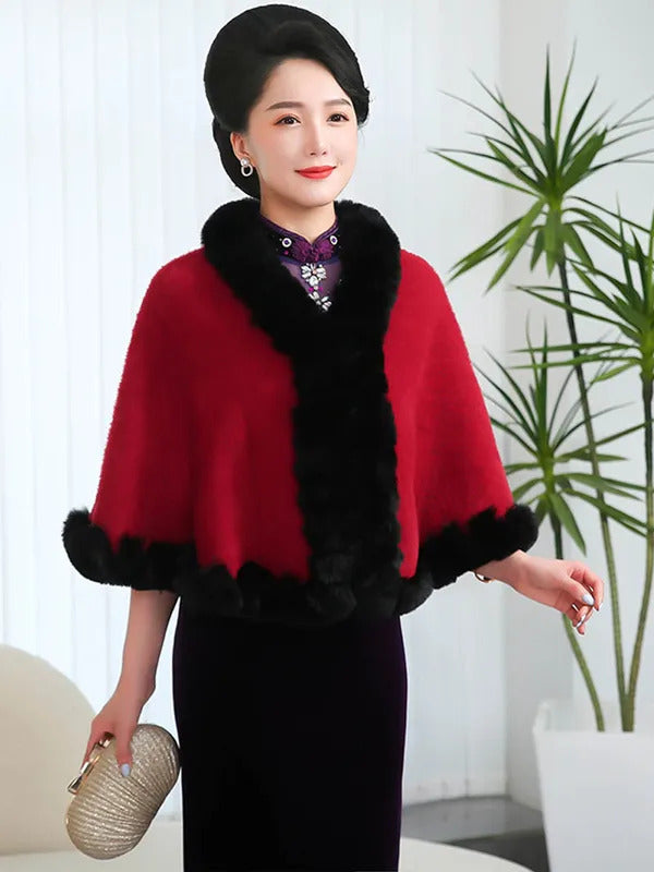 Fashion Elegant Faux Fur Trims Mink Cashmere Fleece Cape Women Cheongsam Wedding Dress Shawl Cloak Short Coat Winter Autumn