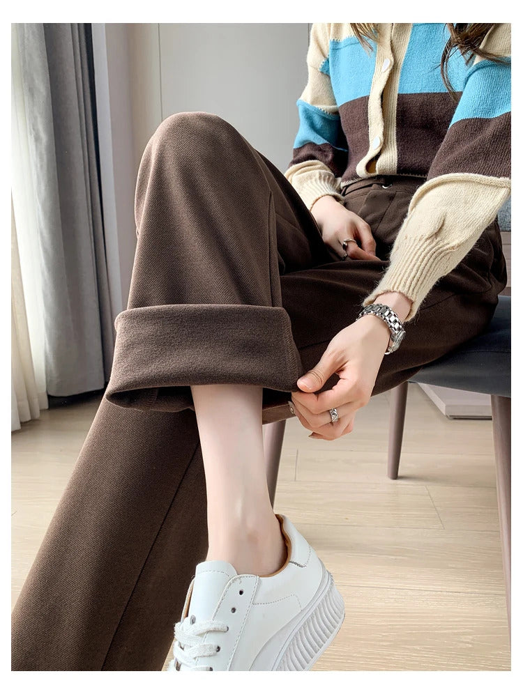 Seoulish Autumn Winter Thicken Woolen Casual Loose Full Length Pants 2023 New Button High Waist Chic Wide Leg Trousers Female