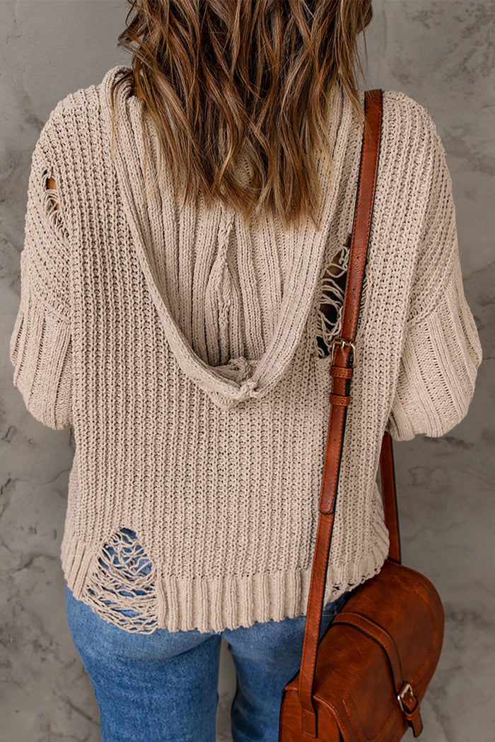 Lace Up V Neck Ripped Slouchy Sweater