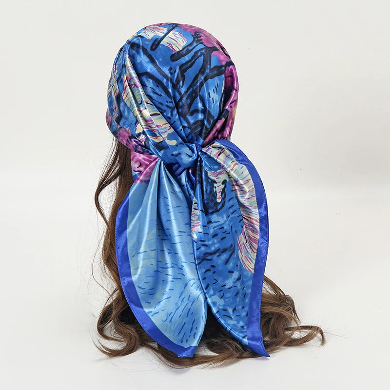 Satin Square Scarf Women Muslim Hijab Elegant 2023 Print Silk Neckerchief Shawl Wraps Headband Handle Hair Accessories Bandana