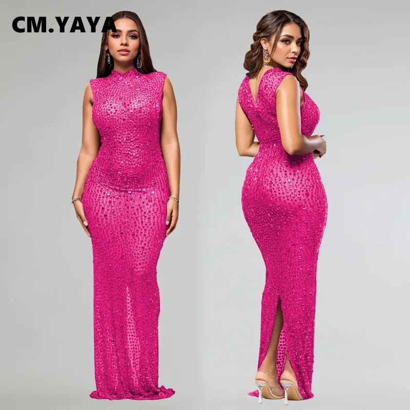 CM.YAYA 2024 Fall Diamonds Hot Rhinestones O-neck Women Sleeveless Bodycon Long Dress Birthday Party Evening Prom Maxi Dresses