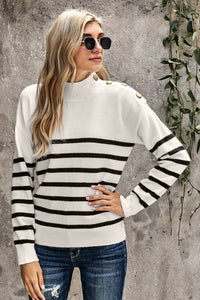 Green Striped Turtleneck Long Sleeve Sweater with Buttons