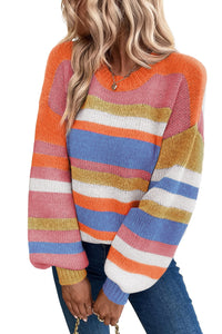 Multicolour Striped Knit Drop Shoulder Puff Sleeve Sweater