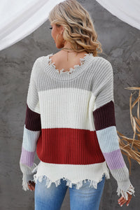 Gray Colorblock Distressed Sweater