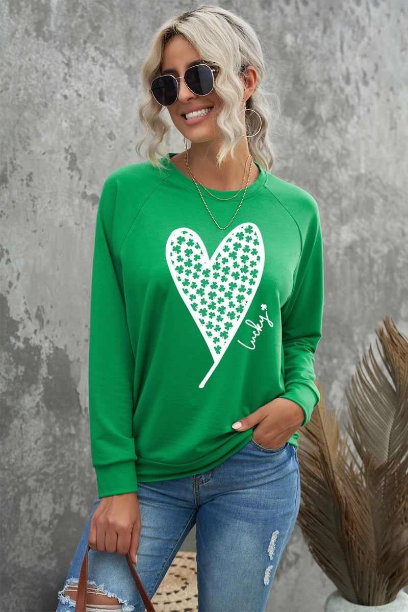 Green Lucky Clover Heart Graphic Raglan Sleeve Sweatshirt