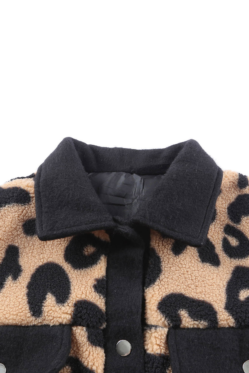 Black Contrast Trimmed Leopard Teddy Shacket