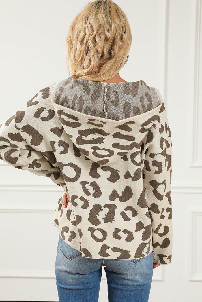 Leopard Drawstring Hooded Pullover Sweater