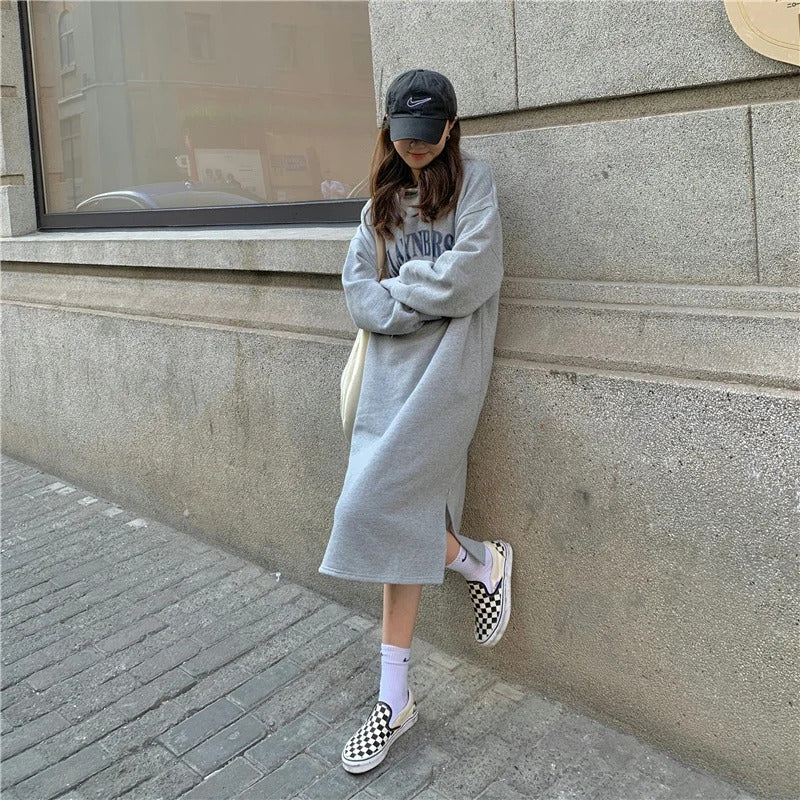 Long Hood Sweater Dress Women Autumn and Winter Fleece-lined Thickened Pullover Small Loose Mid-Length over-the-Knee Dress