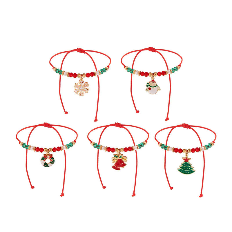 KunJoe 5pcs/set Cute Christmas Series Snowflake Tree Pendant Crystal Bracelet Women CCB Beads Adjustable Thread Rope Bracelet