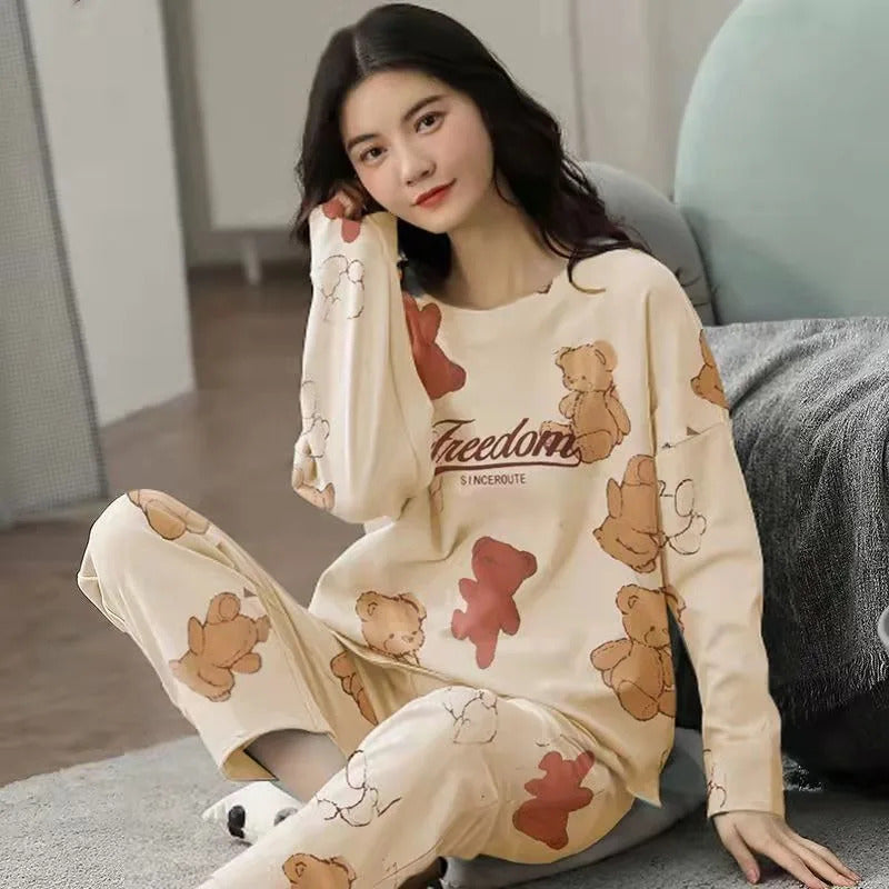 Fall and Winter Women's Suit Pajamas Long-Sleeved Long Pants Homewear Two-Piece Set Ladies Cartoon Pattern Sleepwear Loungewear