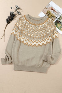 Gray Geometric Pattern Ribbed Round Neck Sweater