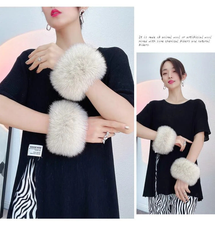 Natural Fox Fur Cuffs Wrist Arm Warmer Women Jacket Coat Sleeve Fur Triming Ladies Bracelet Real Fur Wristand Glove Snap Ring