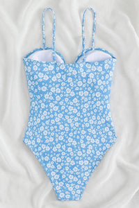 Sky Blue Floral Print Hollow-out Knot Front One Piece Swimsuit