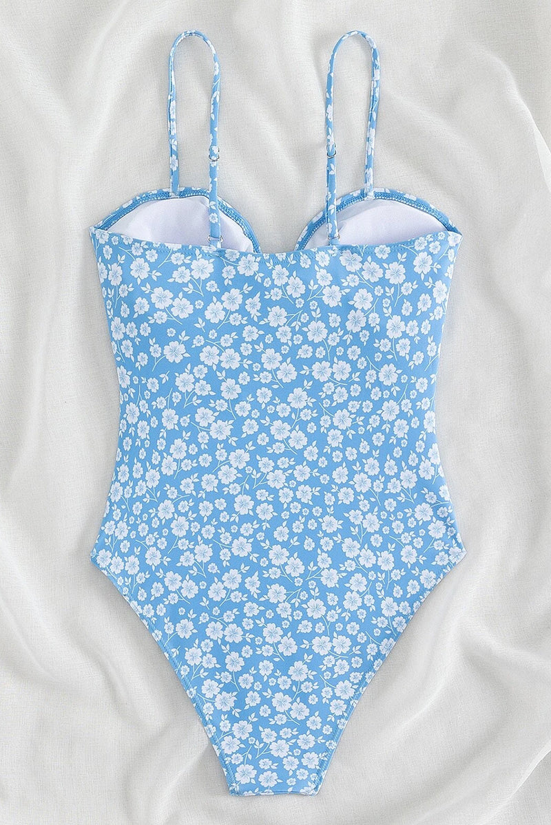 Sky Blue Floral Print Hollow-out Knot Front One Piece Swimsuit