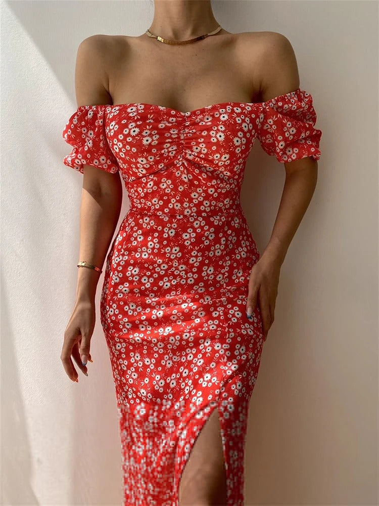 Sexy Floral Print Short Sleeve Hip Wrap Party Dress Elegant Off Shoulder Backless Dress New Summer Waist Slit Boho Long Dresses