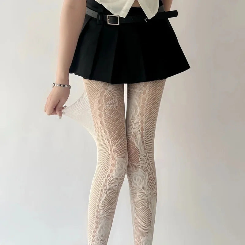 Y2K Floral Jacquard Sexy Stockings Women Gothic Punk Black Fishnet Pantyhose Harajuku Lolita Irregular Rose Holes Mesh Tights