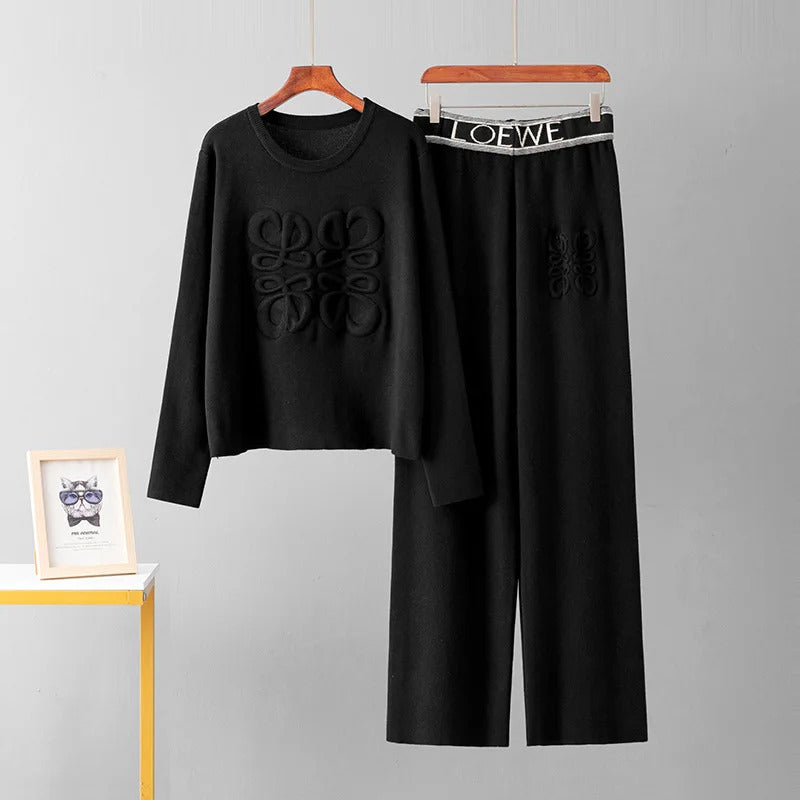 Letter Print Indentation Round Neck Long Sleeved Knitted Sweater Pullover Casual Wide Leg Pants Two-piece Set Women's Pants Set