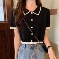 Sweet Women Shirt Korean Knitted Turn Down Collar Chic Short Sleeve Female Blouse Summer Retro Slim All Match Ladies Crop Tops