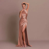 Women Elegant Long Evening Cocktail Party Dress Sexy Halter Backless Ruched High Split Bodycon Wedding Guest Bridesmaid Dress