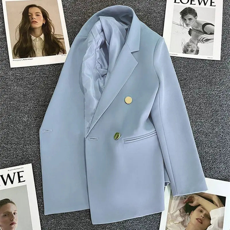 Solid Casual Coat Metal Buckle Small Suit Jacket Women Clothing Summer Double Breasted Office Lady Elegant Blazers Thin Autumn