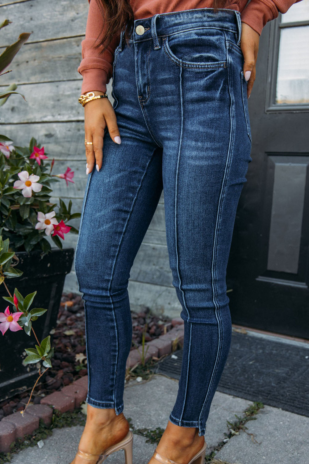 Blue Seamed High Waist Skinny Fit Jeans