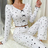 Elegant White Ribbed Print Pants Sets Pajamas Women Knitted V-Neck Loose Tops Autumn Elastic Long Pants Sleepwears Vintage