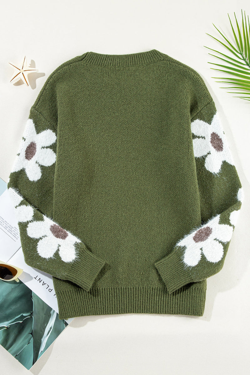 Moss Green Flower Sleeve Drop Shoulder Sweater