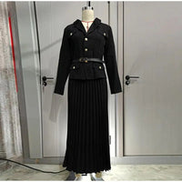 Elegant Women's Two Pieces Set Single-breasted Lapel Large Size Coat Belt Pleated Midi Skirt Suit 2025 Lady New In Matching Sets