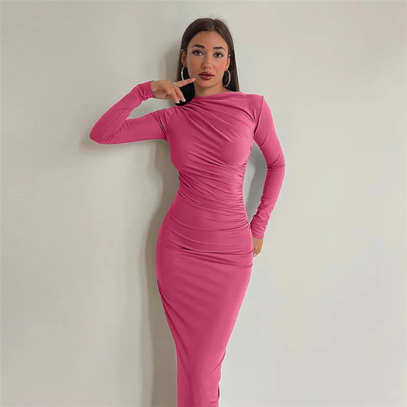 Cryptographic Autumn Elegant Ruched Long Bodycon Dress Fashion Outfits for Women Club Party Slinky Sexy Dresses Birthday Robes