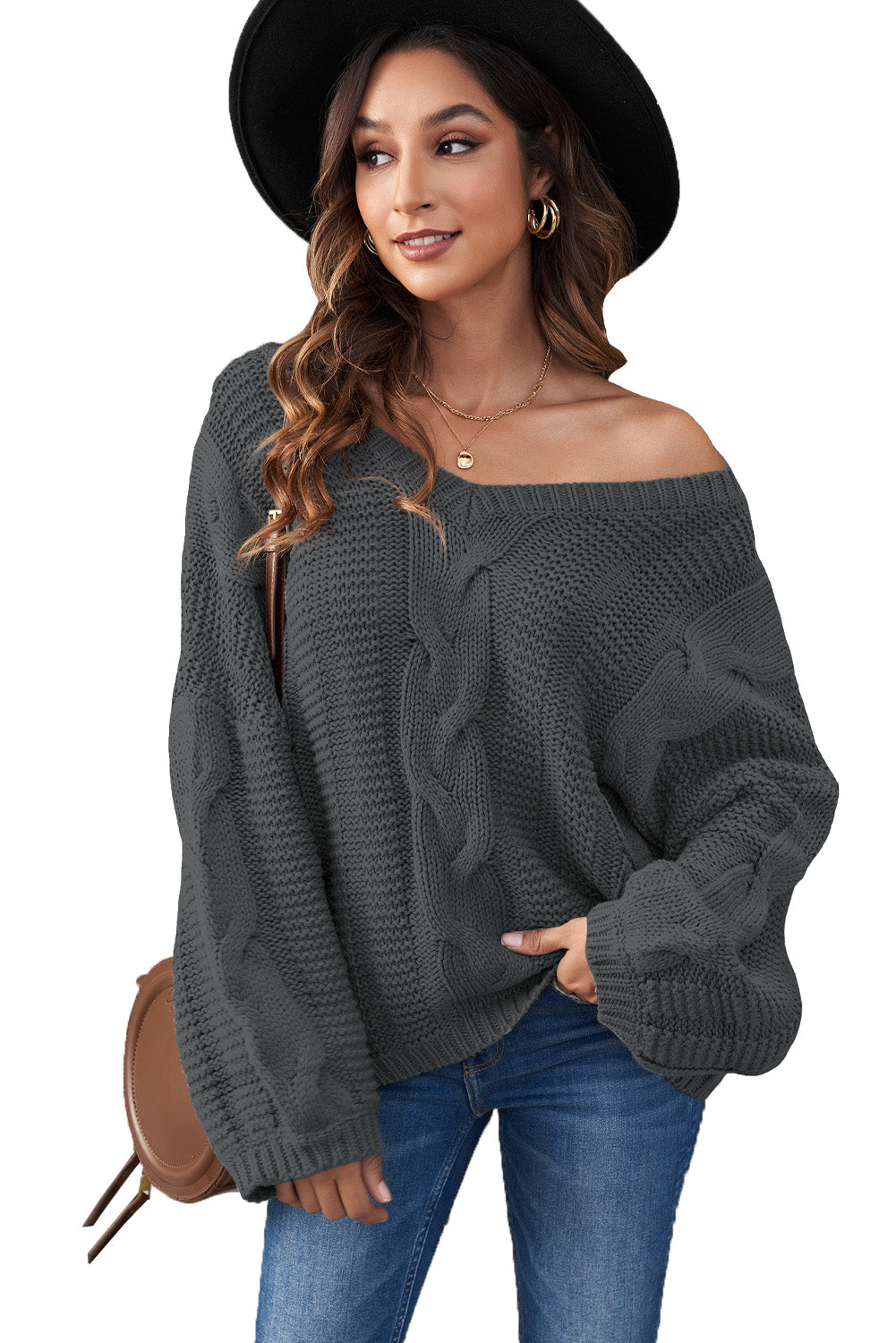 Dark Gray Bubblegum V-Neck Braided Knit Sweater