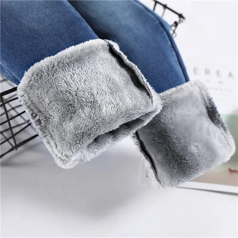 Women Thermal Skinny Jeans Mom Winter Warm Plush Stretch Jeans Lady Fleece Snow Denim Pants Student Pencil Straight Leg Trousers