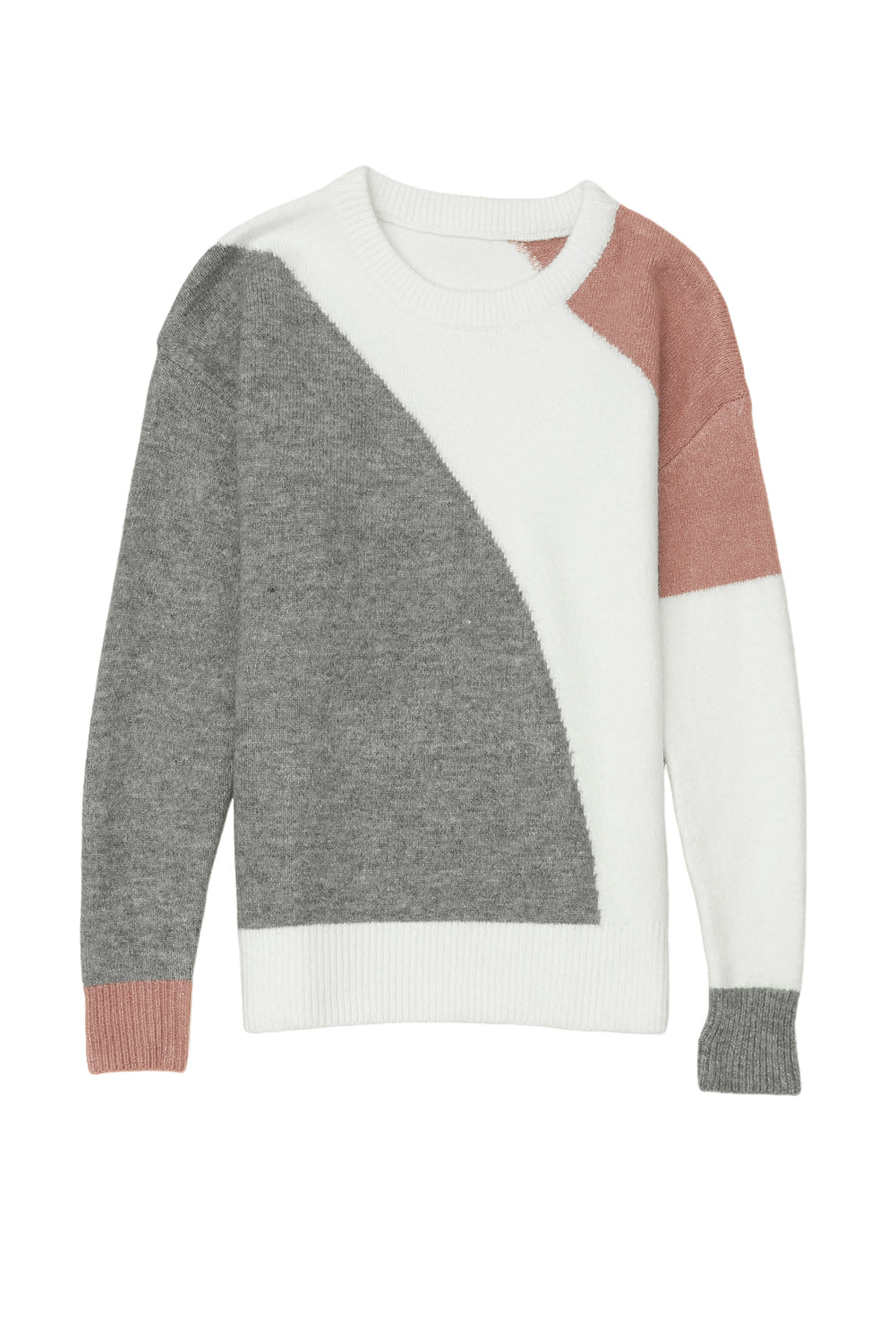 Gray Colorblock Ribbed Trim Round Neck Sweater