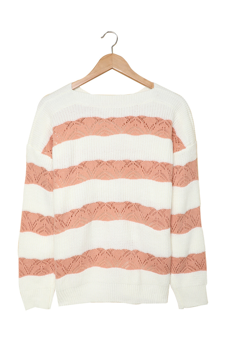 White Striped Colorblock Knit Sweater