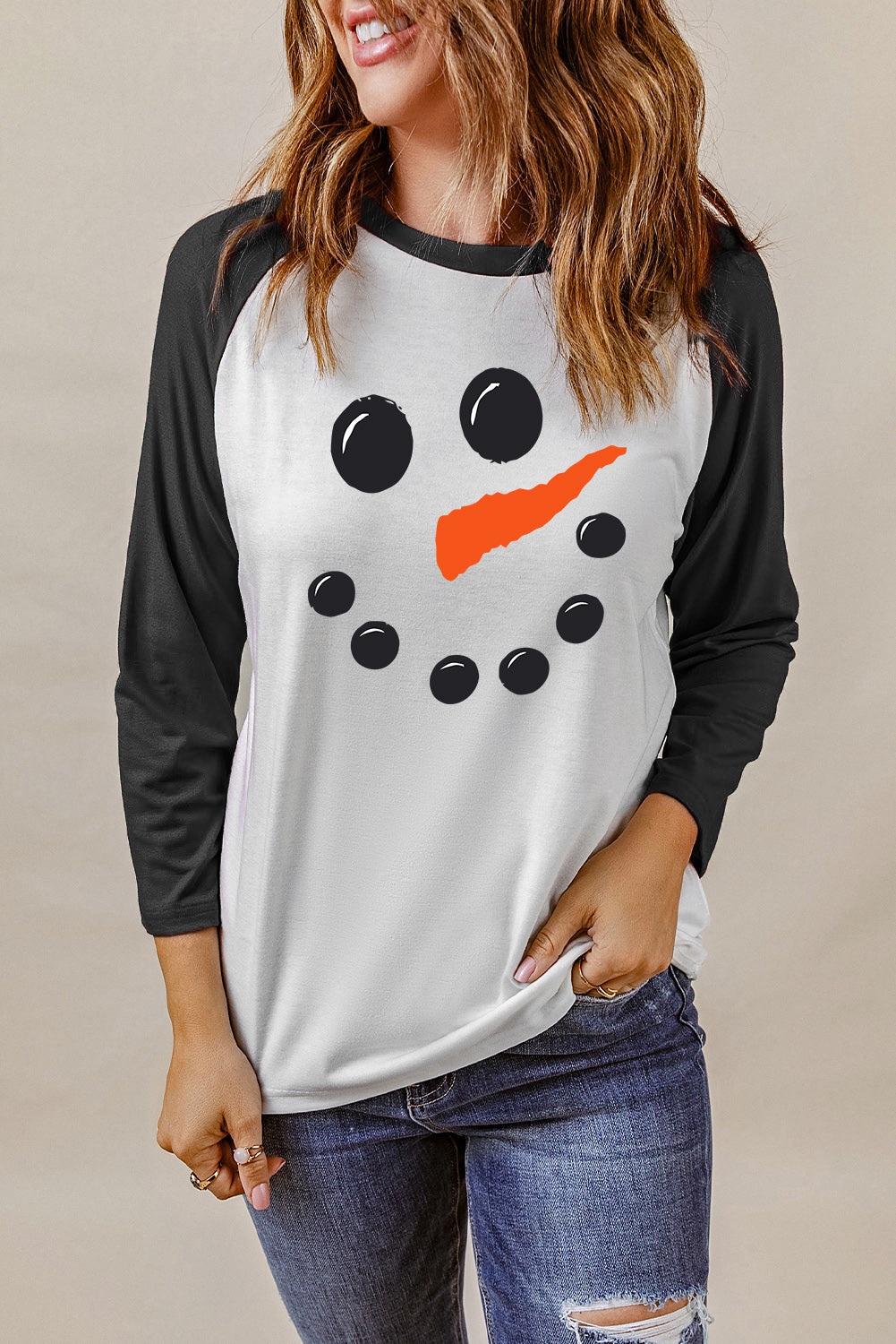 Black Christmas Snowman Face Print Color Block Top