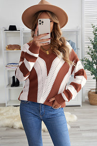 Gray Striped Colorblock V Neck Knitted Sweater