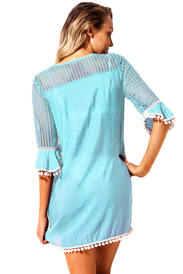 Light Blue Crochet Pom Pom Trim Beach Tunic Cover up