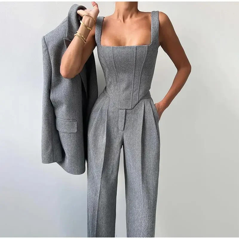 Fashion Grey Pants Sets For Women 3 Pieces Elegant Long Sleeve Belt Blazer Tank Top With High Waist Wide Trousers Lady Suits