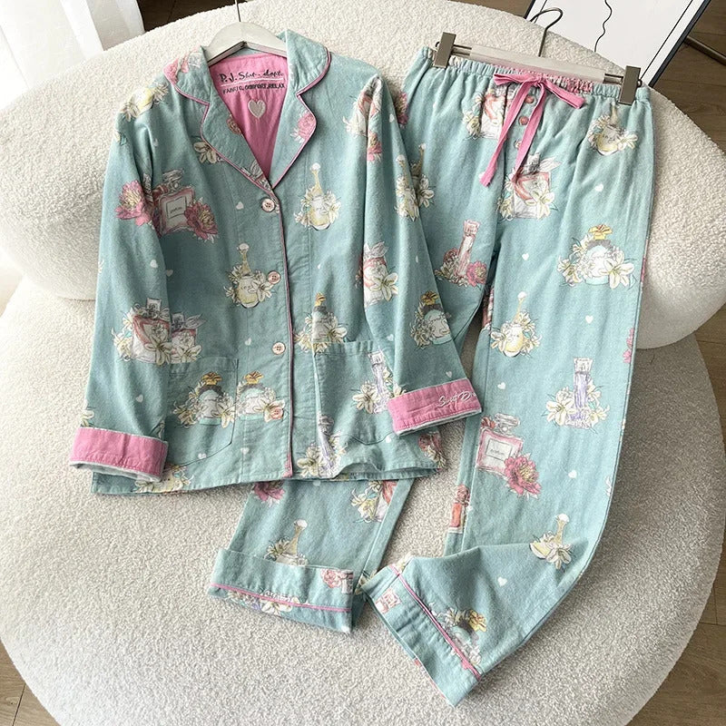 100% Cotton Pajamas for Women Loose Cartoon Long Sleeve Pants Loungewear Women 2 Piece Set Pj Women Outfit Sleepwear Set Pijamas