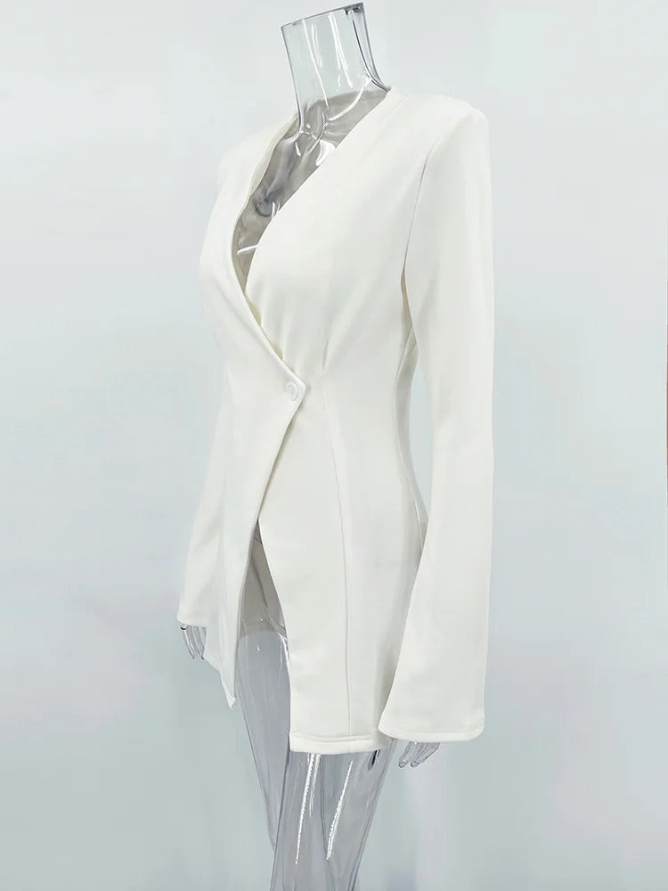 TARUXY Slim White Button Blazer Coat For Women V Neck Long Sleeve Office Lady Coat Slit High Waisted Outwear Autumn Winter New