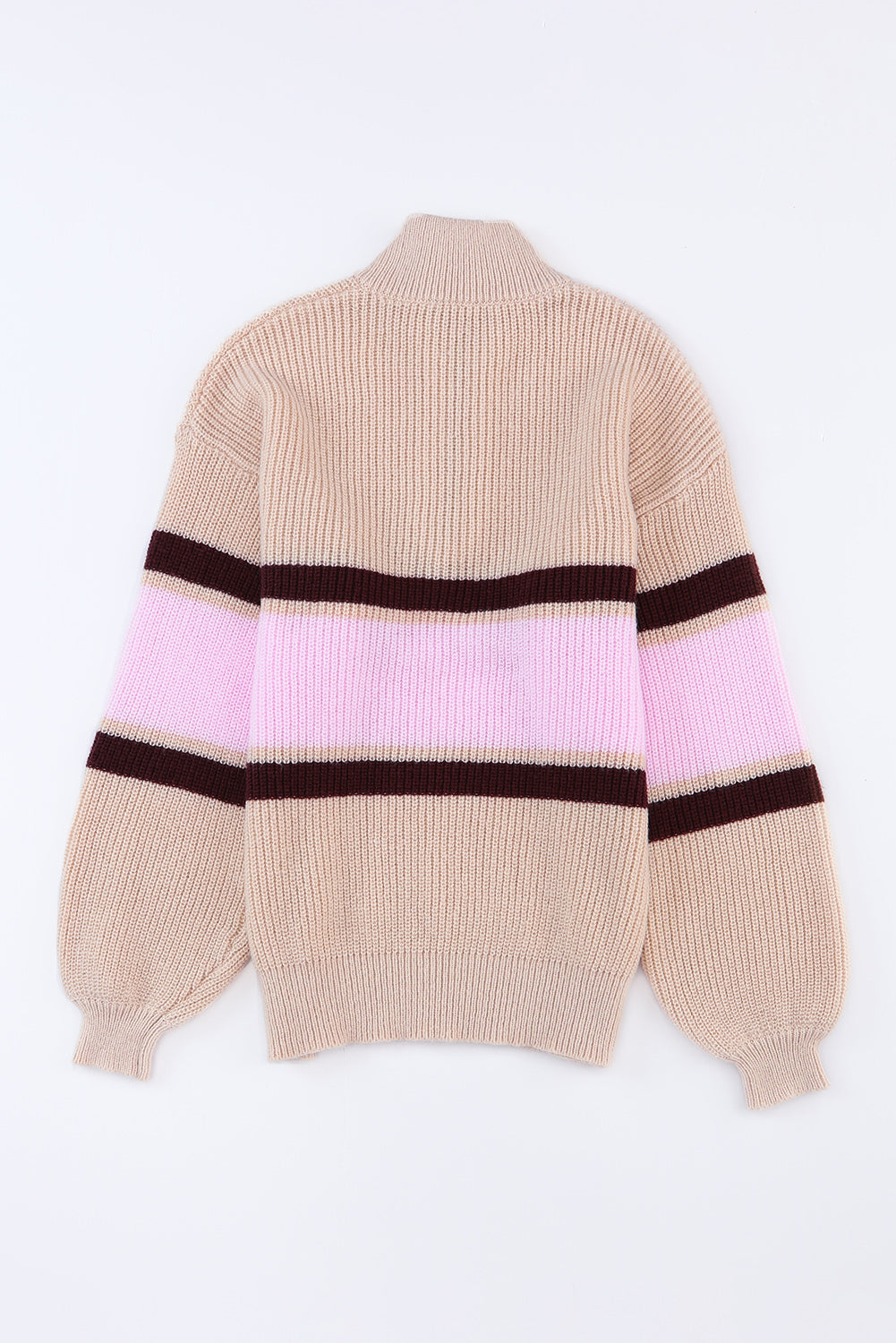 Apricot Striped Color Block Knit Zip Collared Sweater